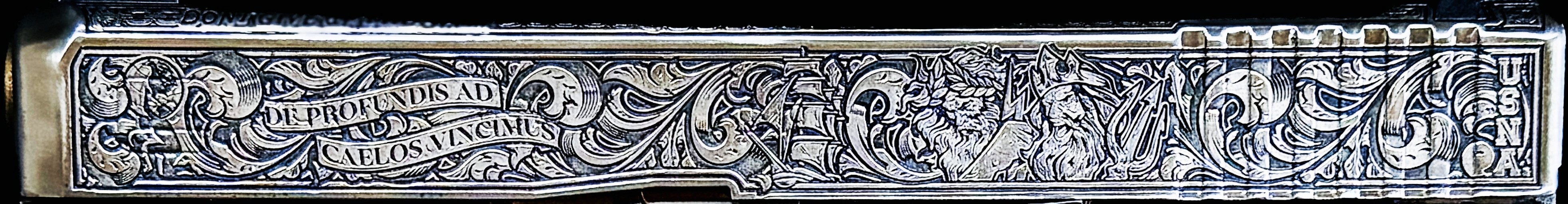 Left side of the USNA Class of 2027 GLOCK 19X V slide, deeply engraved with Atlas, the class motto 'De Profundis Ad Caelos Vincimus' on a ribbon, an age-of-sail warship, Zeus and Poseidon, and the USNA inscription