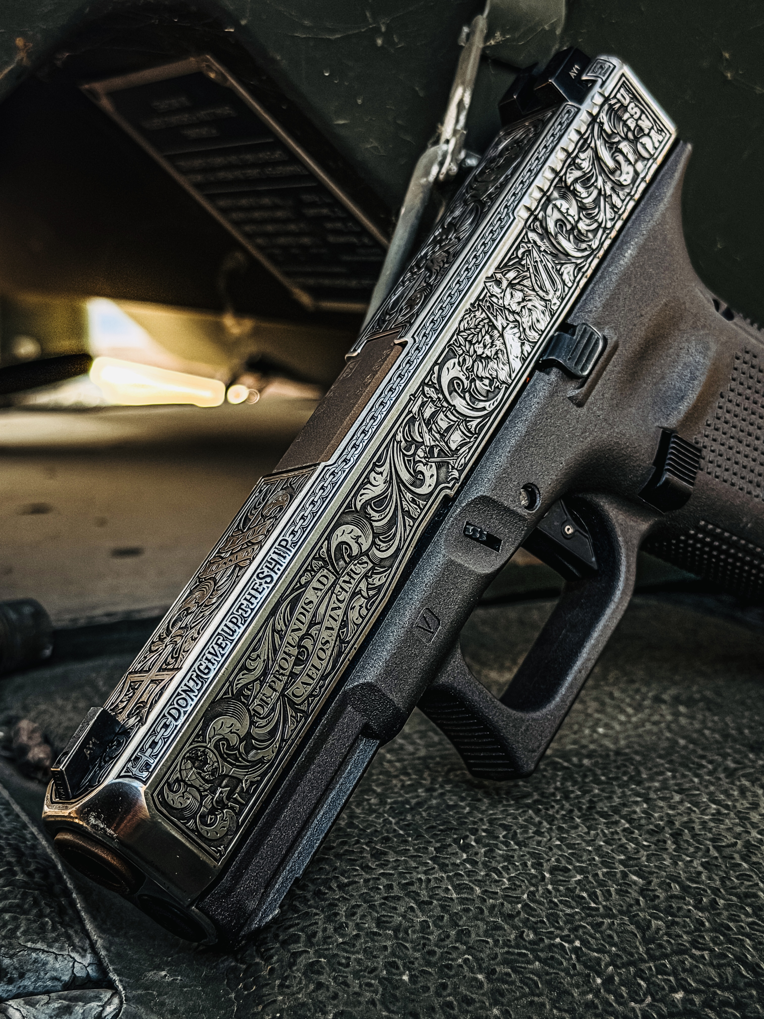 USNA Class of 2027 GLOCK 19X V — “Don't Give Up the Ship” slide engraving detail