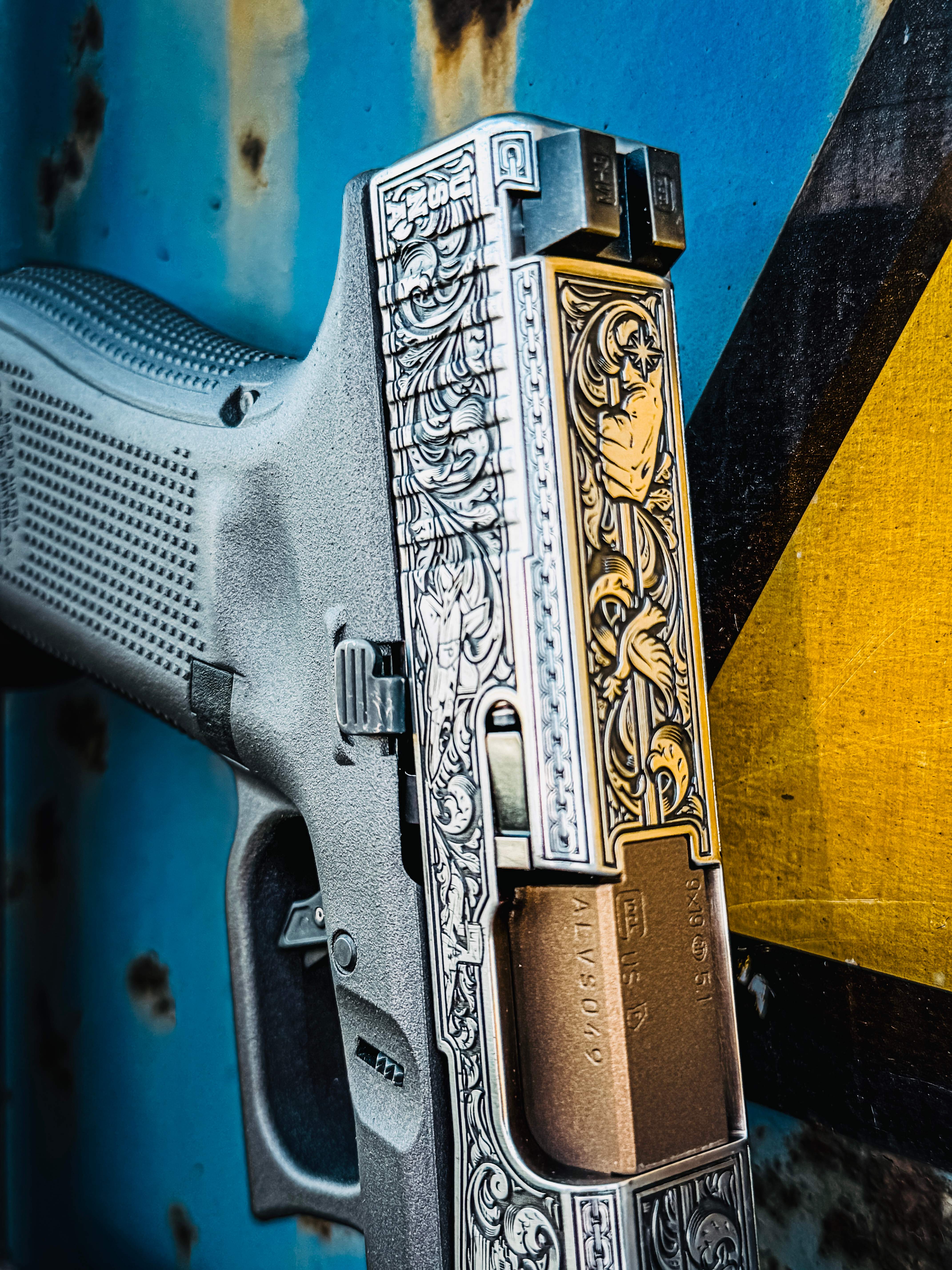 USNA Class of 2027 GLOCK 19X V — close-up slide engraving detail