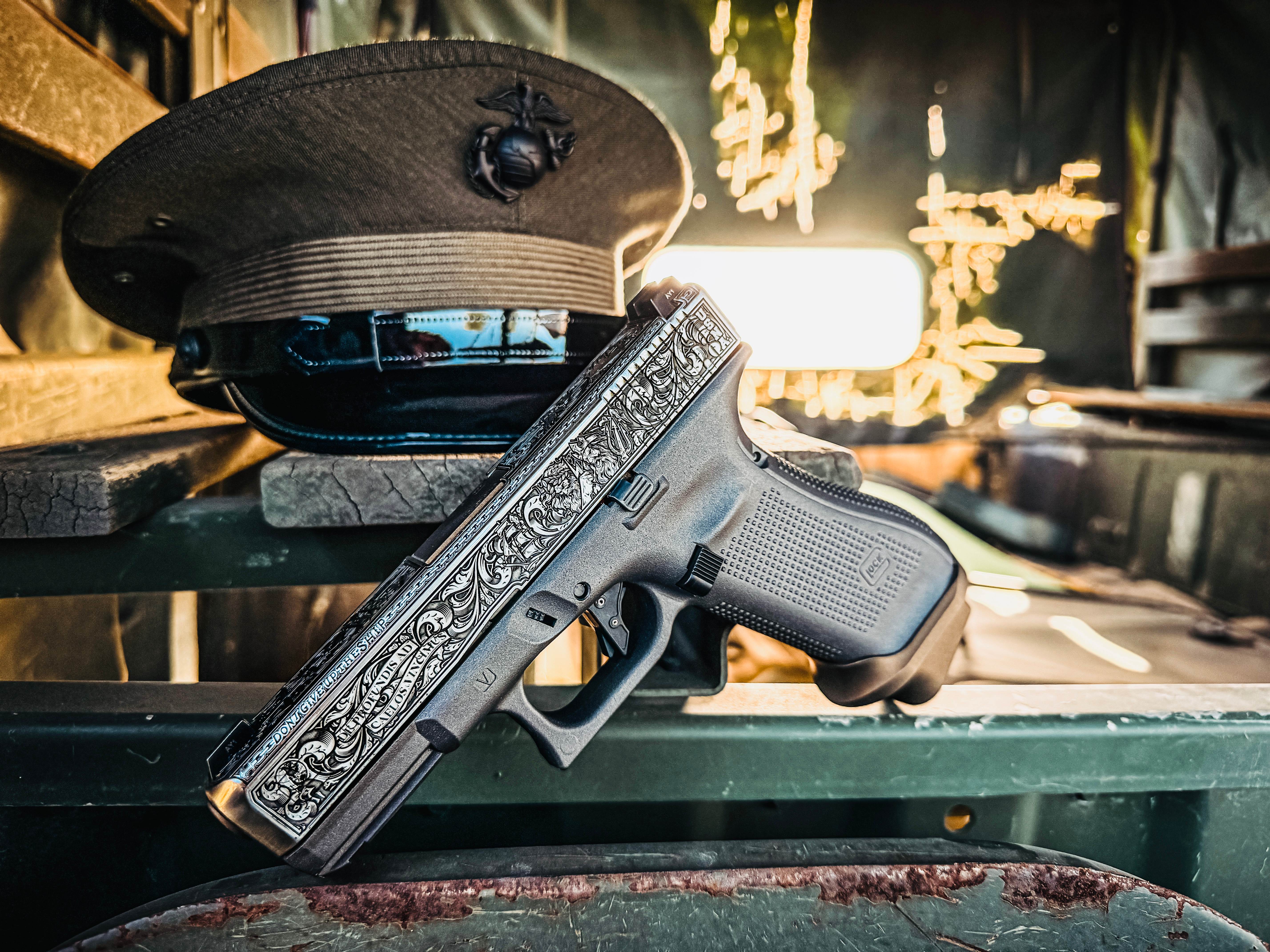USNA Class of 2027 GLOCK 19X V — macro detail, “Class of 2027” and “Don't Give Up the Ship” engraving