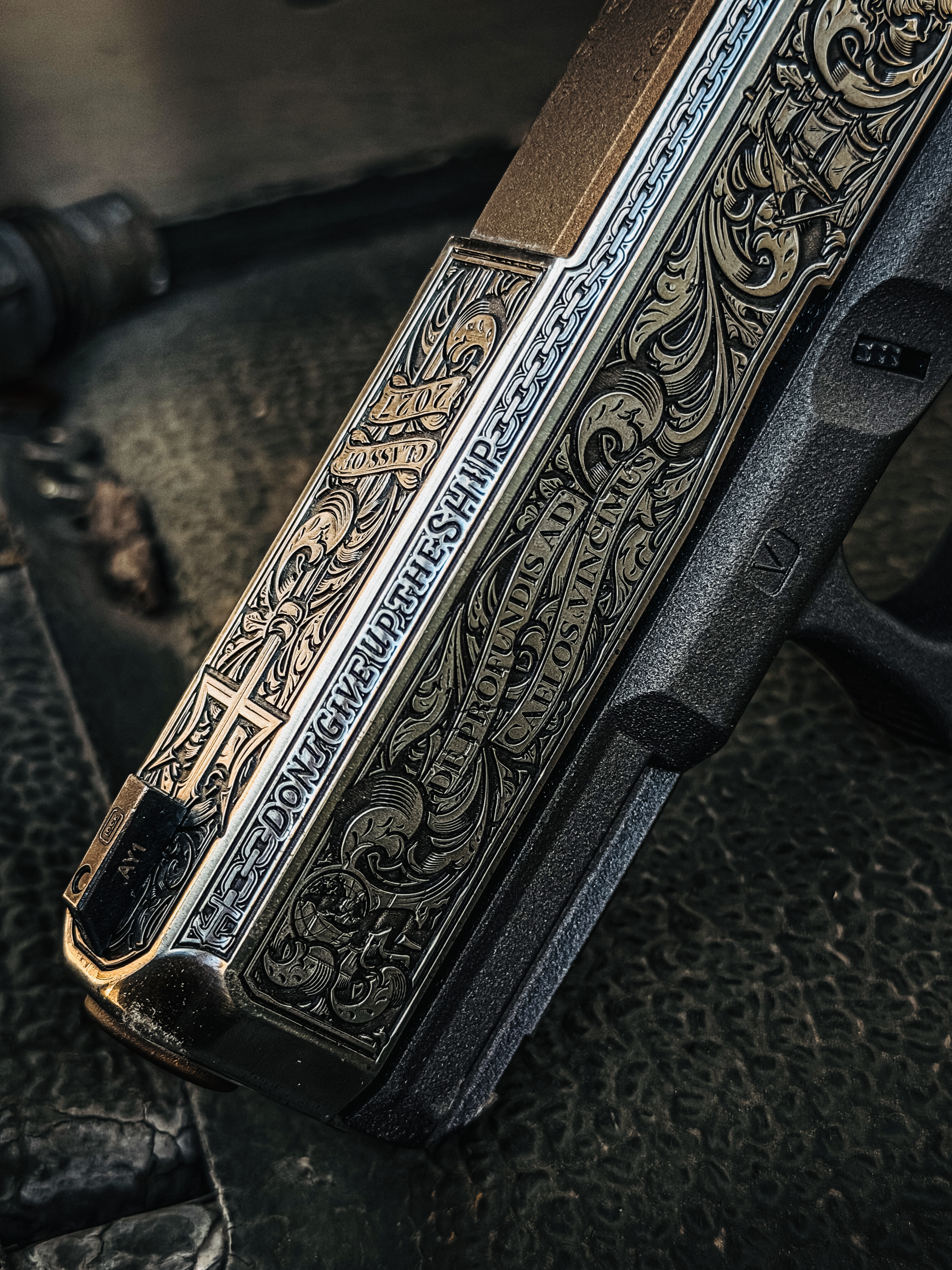 USNA Class of 2027 GLOCK 19X V — macro slide engraving detail