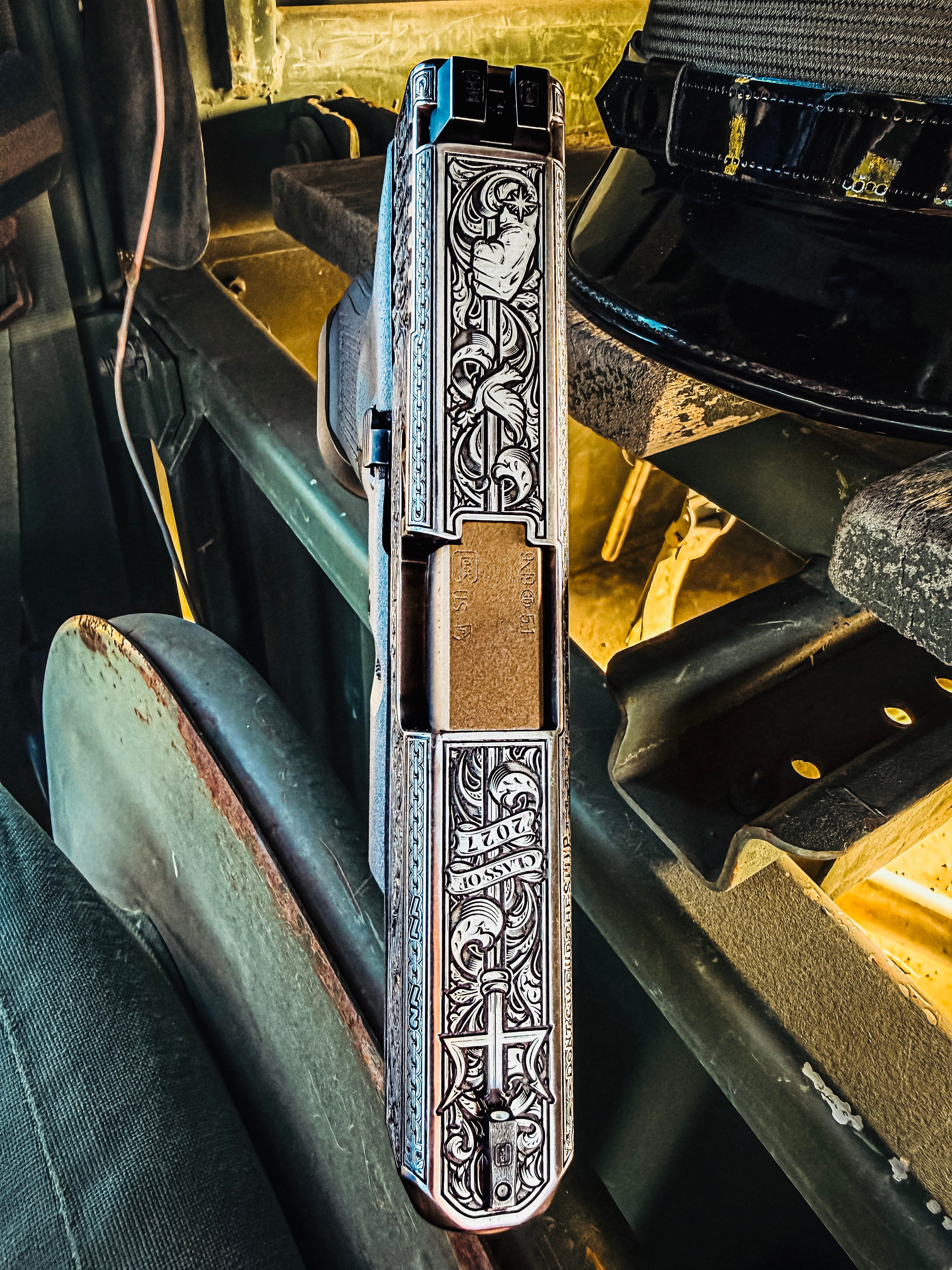 USNA Class of 2027 GLOCK 19X V — vertical slide engraving detail, “Class of 2027” banner and cross