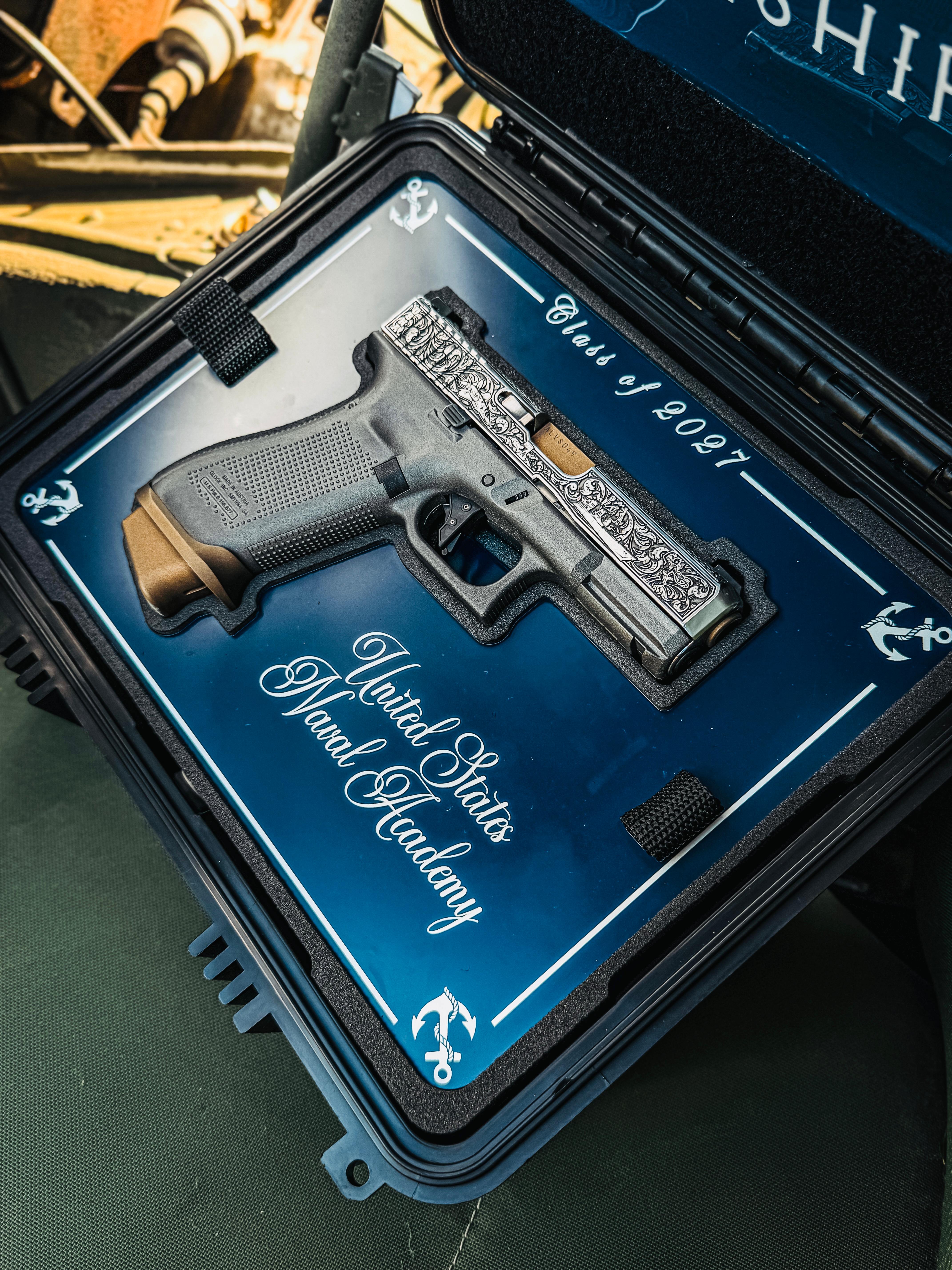 USNA Class of 2027 GLOCK 19X V — presentation case open, “Class of 2027, United States Naval Academy”
