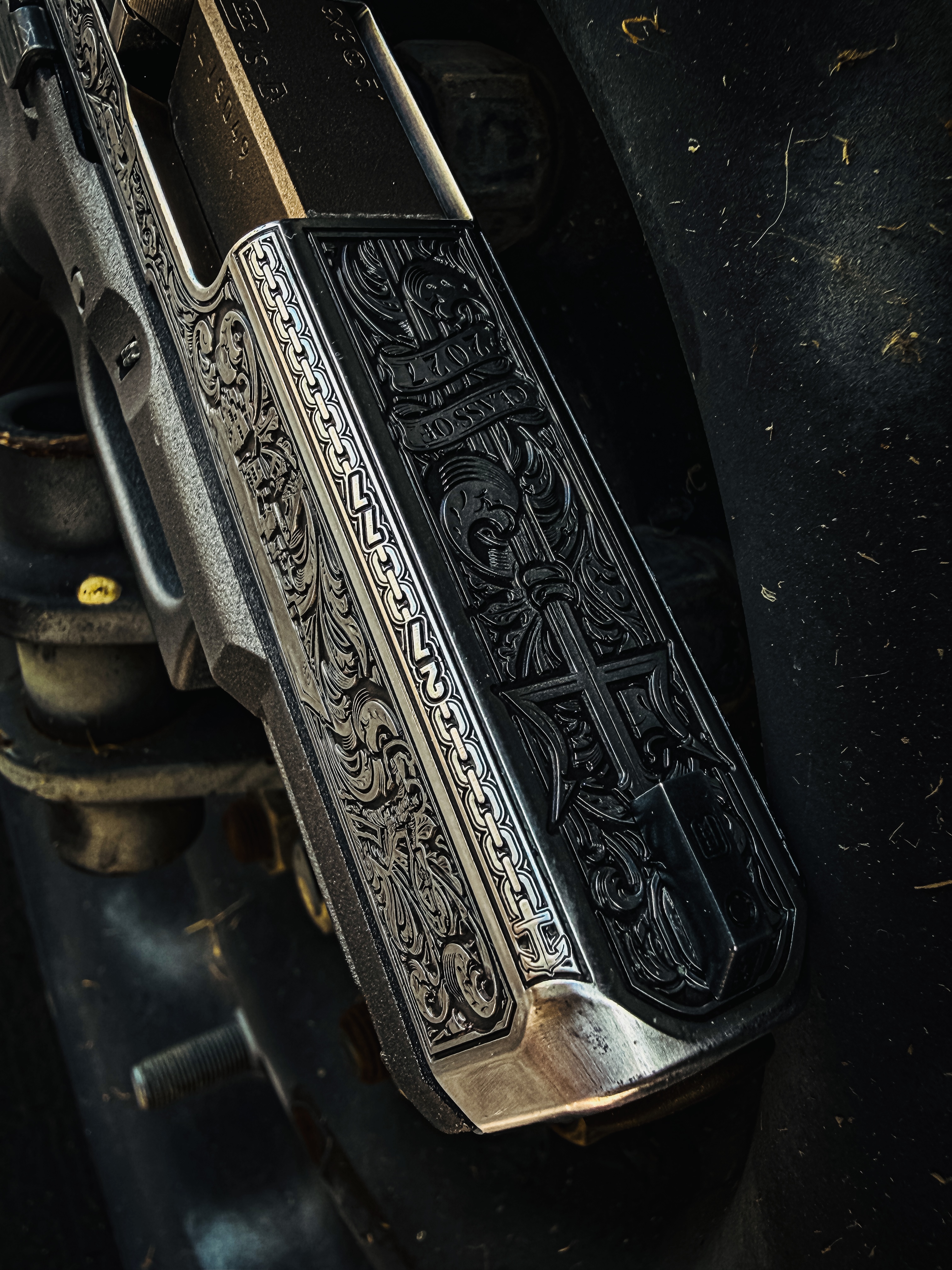 USNA Class of 2027 GLOCK 19X V — macro slide engraving detail, front sight