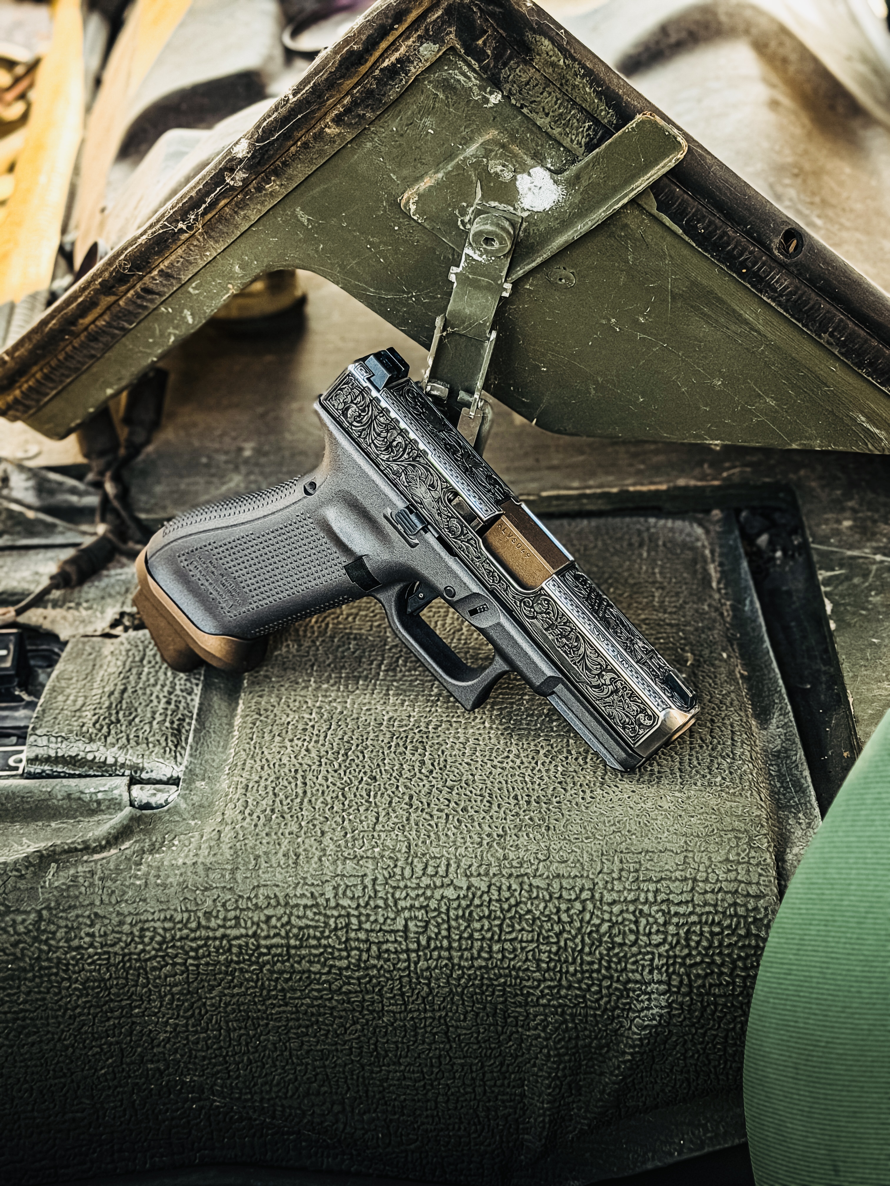 USNA Class of 2027 GLOCK 19X V — slide engraving detail, “De Profundis Ad Caelos Vincimus” motto