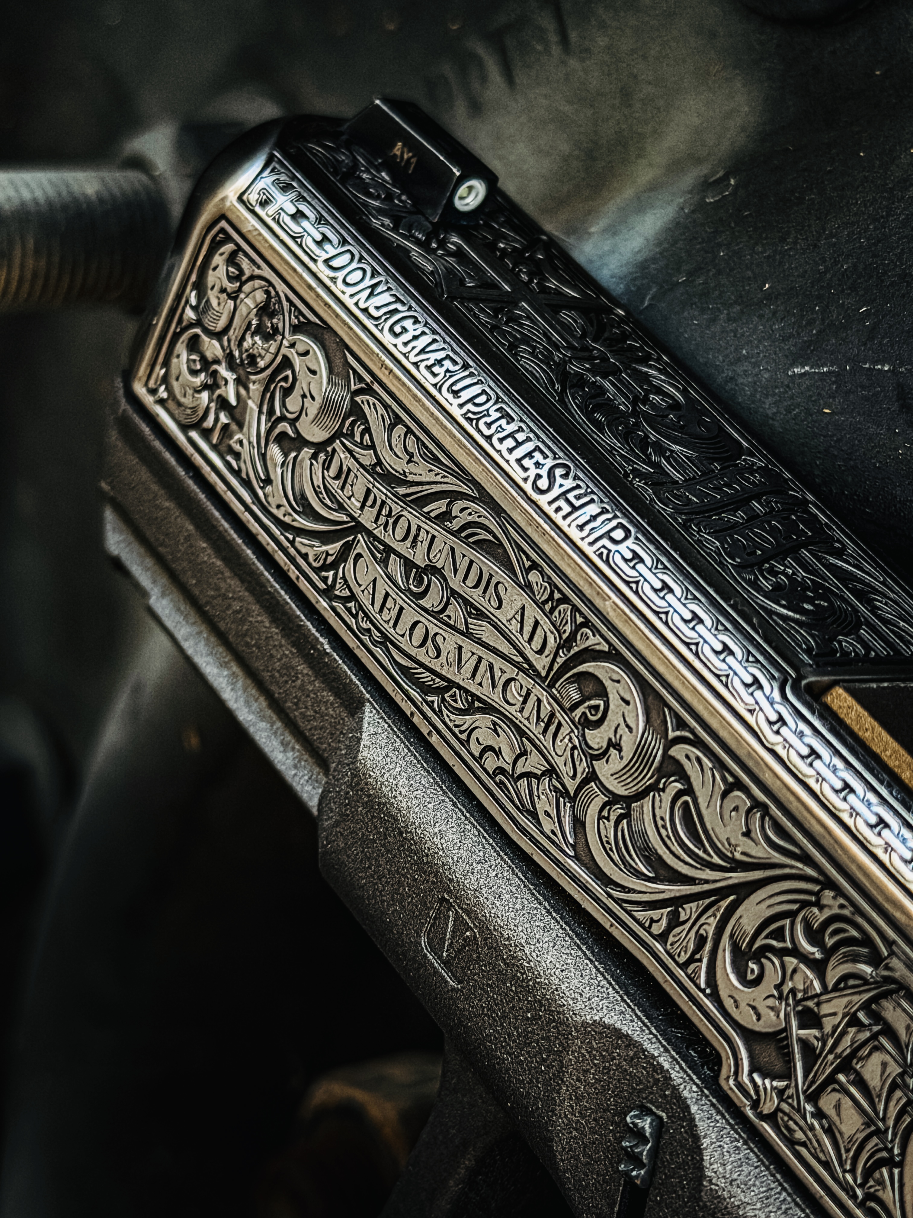 USNA Class of 2027 GLOCK 19X V — “Don't Give Up the Ship” slide engraving close-up